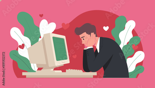 Businessman stressed by coding on a retro computer amidst hearts Work fatigue and digital loneliness