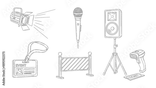 Event Essentials: An array of key elements, including a stage light, microphone, speaker, name tag, barrier, and scanner.