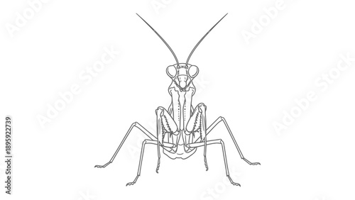 Intricate Praying Mantis Illustration: A detailed line drawing showcases the unique form of a praying mantis, with its distinctive features emphasized in a striking graphic.
