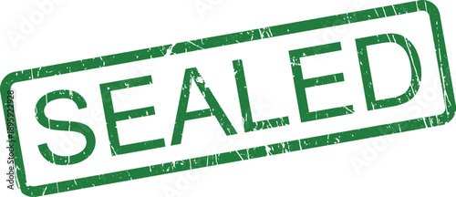 A green rectangular rubber stamp impression clearly displaying the word SEALED on a pure white surface