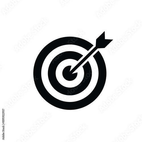 Black and white illustration of a dartboard with an arrow hitting the bullseye