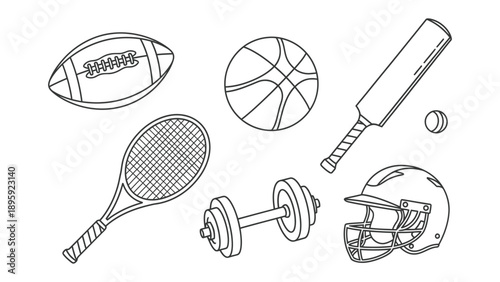 Sports Equipment Illustration: A collection of various sports equipment including a football, basketball, cricket bat with a ball, tennis racket, dumbbell and helmet