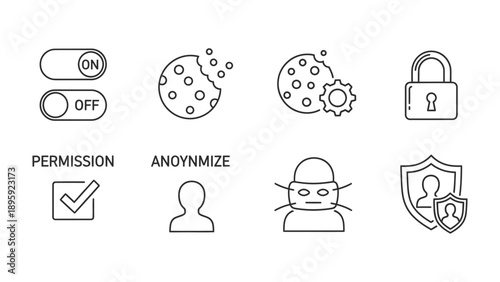Privacy Icons: A collection of concise icons representing essential aspects of privacy, including on/off switches, cookie customization, lock, permission, anonymization, and security measures.