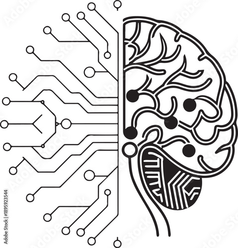 Conceptual Black and White Vector Illustration of Artificial Intelligence and Human Brain Connection for AI, Technology, and Neuroscience