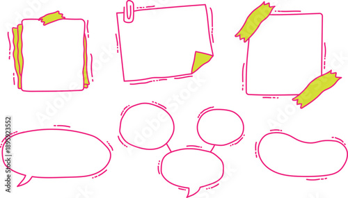 Collection of hand-drawn pink and yellow sticky notes, paper scraps, and speech bubbles for notes, messages, and planning.