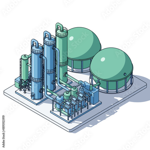Biogas plant isometric illustration for renewable energy production.