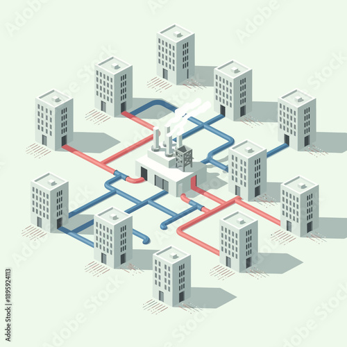 Centralized Heating and Cooling System Connecting Multiple Buildings.