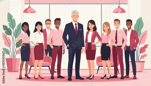 Diverse corporate team and senior leader smiling confidently in a modern professional office setting