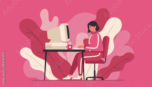 Remote worker uses vintage computer in a vibrant pink abstract home office environment