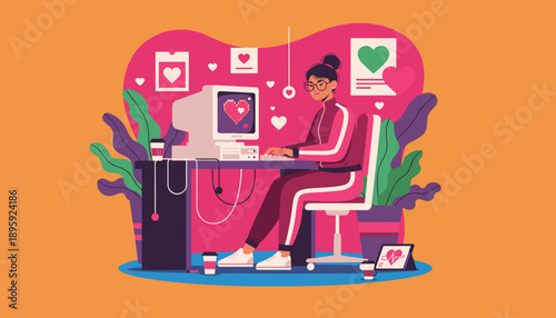 Retro digital love Woman uses an old desktop to connect online surrounded by vibrant hearts