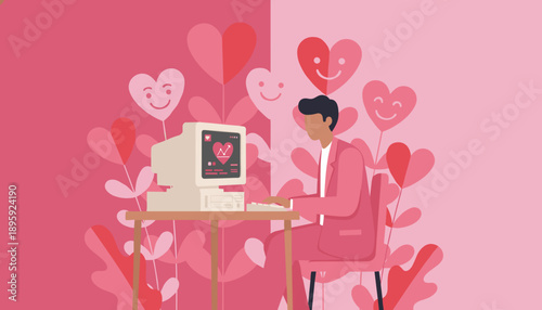 Man uses retro PC to track love metrics amidst heart shapes Digital romance and vintage technology concept