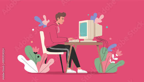 Smiling man typing on a vintage CRT computer flat vector illustration of remote work or gaming