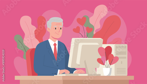 Happy senior man working or dating online at his desk with romantic heart decorations