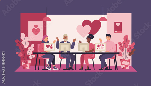 Diverse team collaborating on a digital dating platform surrounded by hearts Online connection and love