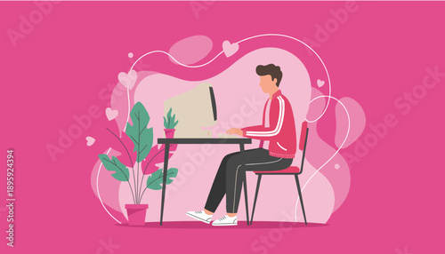 Man using retro computer in vibrant pink room with hearts Flat design for remote work or dating app graphics