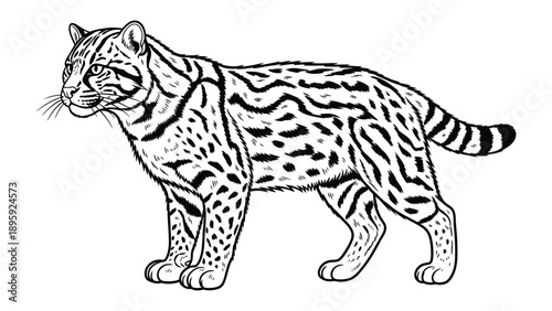 Elegant Cat Illustration: A sleek, detailed illustration of an ocelot stands with a vigilant pose. The illustration is ideal for illustrating wildlife, the beauty of the natural world.