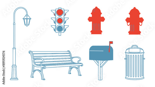 Urban Essentials Illustration: A collection of stylized illustrations depicting the quintessential elements of urban infrastructure, including a streetlight, traffic light, fire hydrant, park bench.