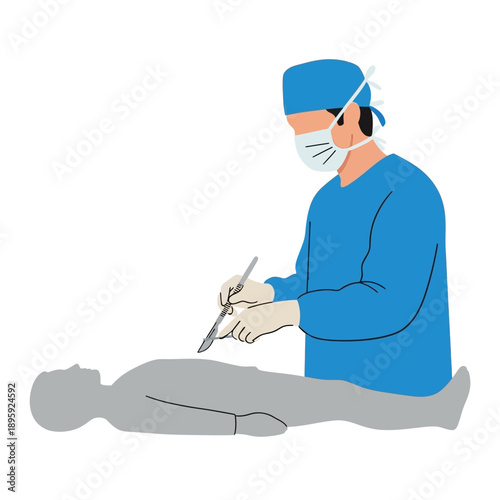vector illustration of surgeon performing surgery, medical procedure, doctor in scrubs and mask, surgical scene, for medical presentation or educational material isolated on White Background