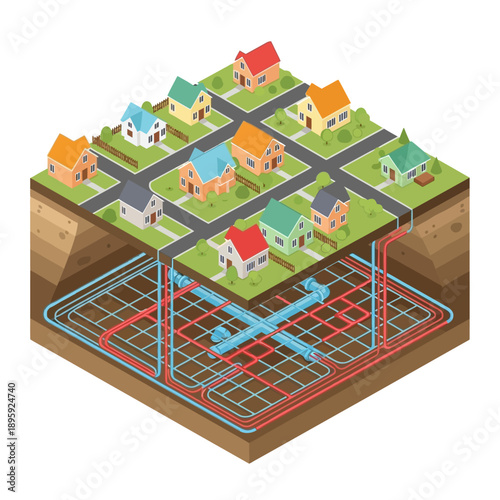 Geothermal heating and cooling system for a residential neighborhood.