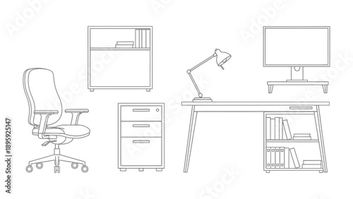 Minimalist Office Setup: An abstract, line-art rendering of an office space, presenting a desk, chair, monitor, and shelving units in a simple, elegant style.