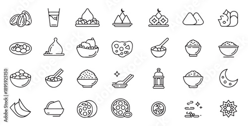 Iftar food icon set vector line illustration for ramadan kareem celebration and traditional islamic meals