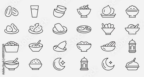 Ramadan icons set traditional food and symbols for iftar and suhoor meal celebrations