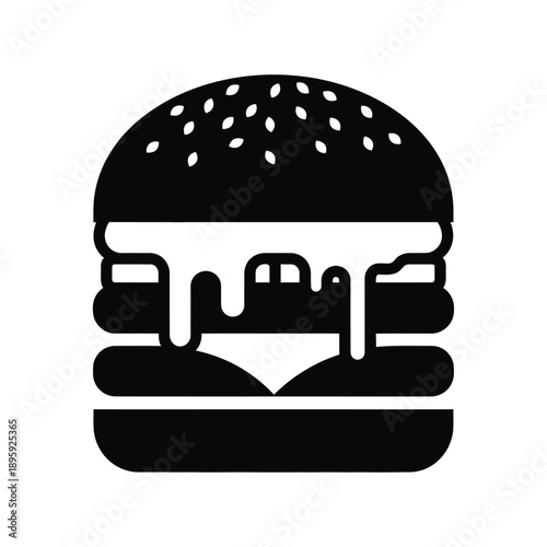 A black and white illustration of a hamburger with melted cheese on a plain background