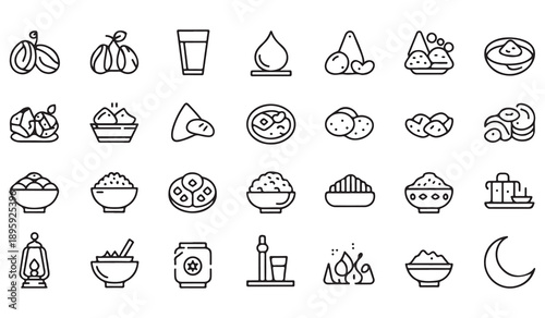 Ramadan food icons with dates grains water and traditional dishes for religious holiday meals