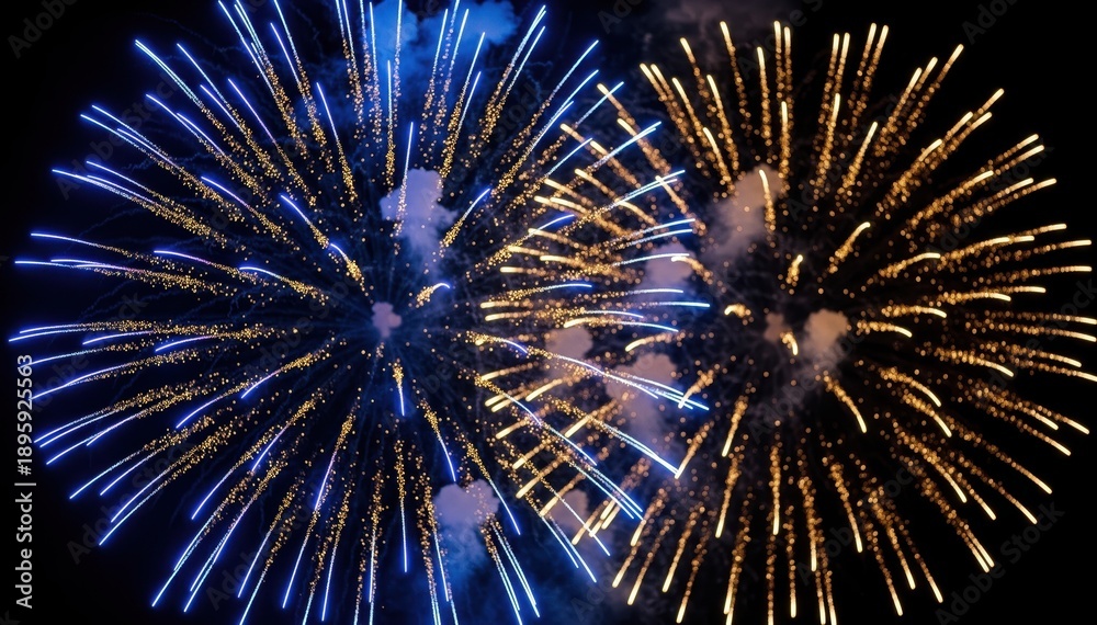 Naklejka premium Festive Fireworks Display: A vibrant, multi-colored display of fireworks illuminates the night sky, creating a spectacle of light and joy.