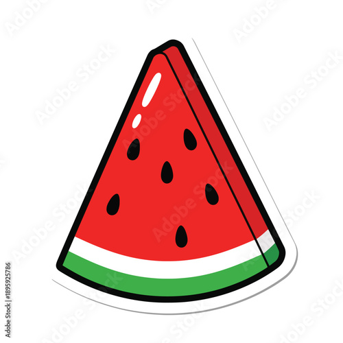 Vibrant cartoon illustration of a triangular watermelon slice with red flesh, black seeds, and green rind, depicted as a sticker.
