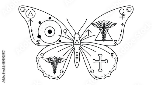 Metamorphosis of Knowledge: An intricate illustration of a butterfly, its wings adorned with symbolic motifs representing science, medicine, and spiritual elements.