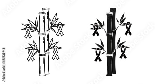 Sturdy bamboo stalks with red awareness ribbons, symbolizing strength, resilience, and support for health causes.