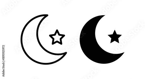 Crescent moon and star icon, symbolizing night, dreams, Islam, and celestial beauty in simple line art and solid silhouette.