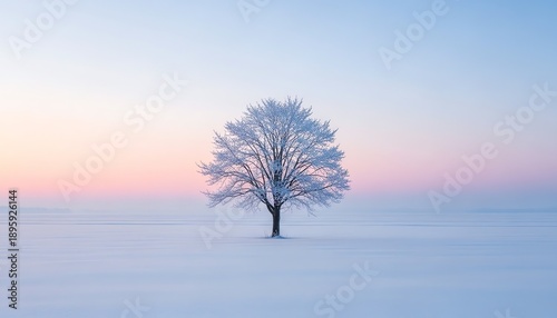Minimalist Solitary Frost Covered Tree in Vast Snowfield at Twilight with Pastel Gradient Sky