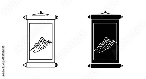 Outline and Silhouette of a Mountain Landscape Painting on a Scroll