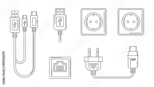Digital Connection Hub: An array of essential electronic components, from power outlets to USB and internet connections.