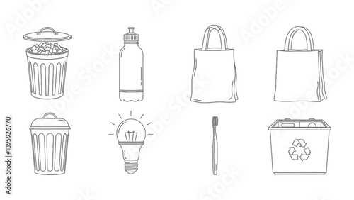 Eco-Friendly Lifestyle: A selection of eco-conscious items are arranged to showcase a sustainable and environmentally friendly lifestyle. A bin with recycling logo, reusable shopping bag.