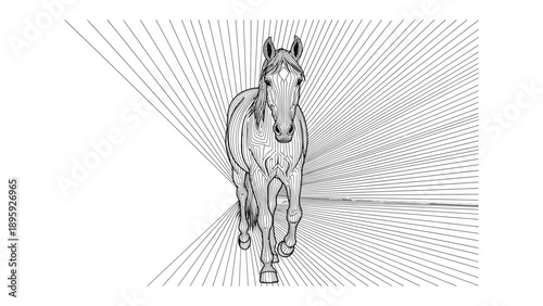Horse Drawing: An artistic representation of a horse galloping forward, capturing the essence of movement and freedom through intricate line work. 
