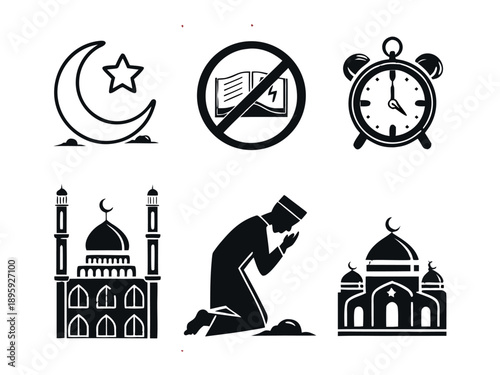 Ramadan Islamic Prayer Icons Silhouette Vector Set for Eid Religious Design