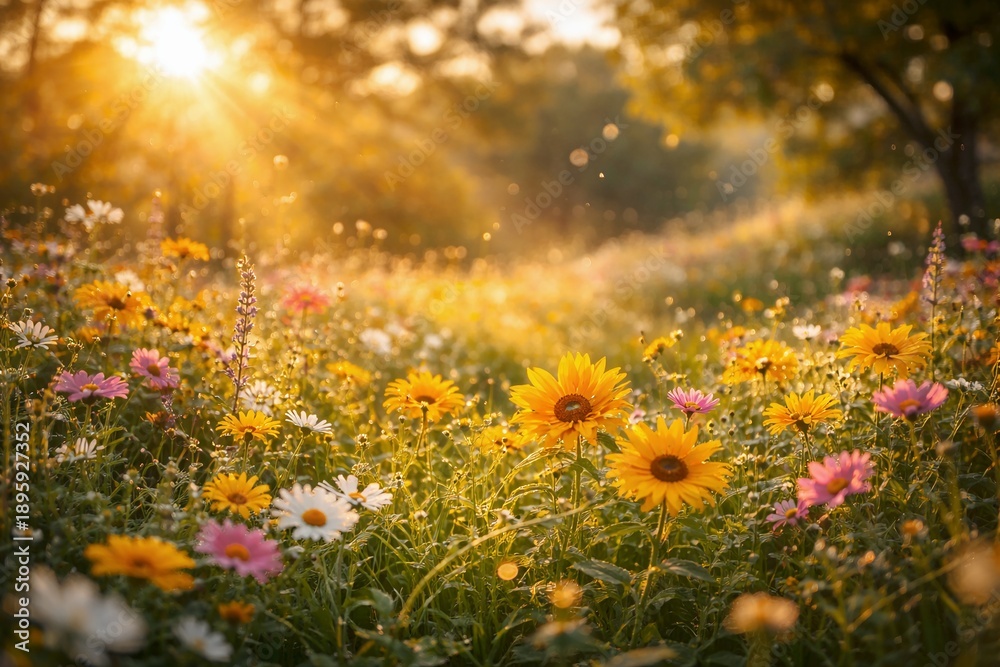 Obraz premium Sunlit Wildflower Meadow at Golden Hour with Soft Bokeh