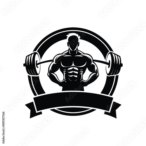 Muscular Bodybuilder Silhouette Logo with Barbell and Blank Ribbon Emblem