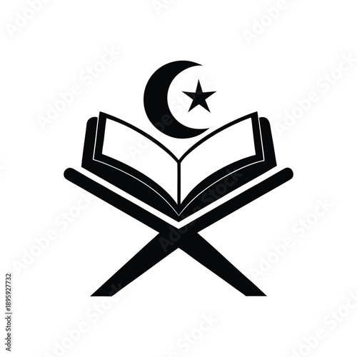 Islamic Holy Quran Icon with Crescent Moon and Star on Folding Book Stand