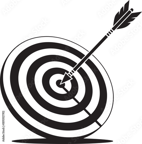 Black and white arrow hitting bullseye on target dart hitting target