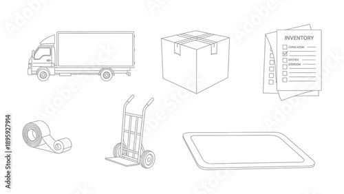 Logistics Tools in Monochrome: A detailed monochrome illustration of essential tools and components vital to the world of logistics and transportation.