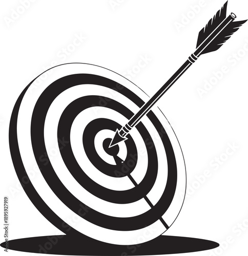 Black and white arrow hitting bullseye on target archery