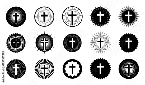 Christian cross sunburst icon set with vintage starburst design