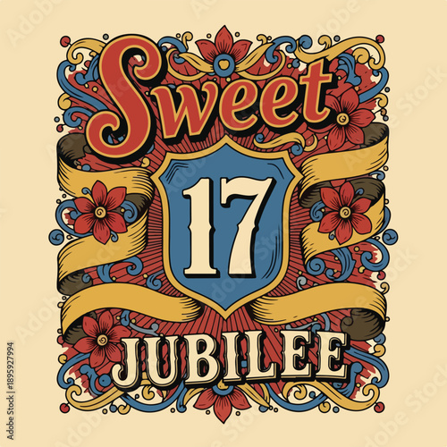 Vibrant illustration of a sweet seventeen jubilee badge with floral patterns and ribbons on a beige background.