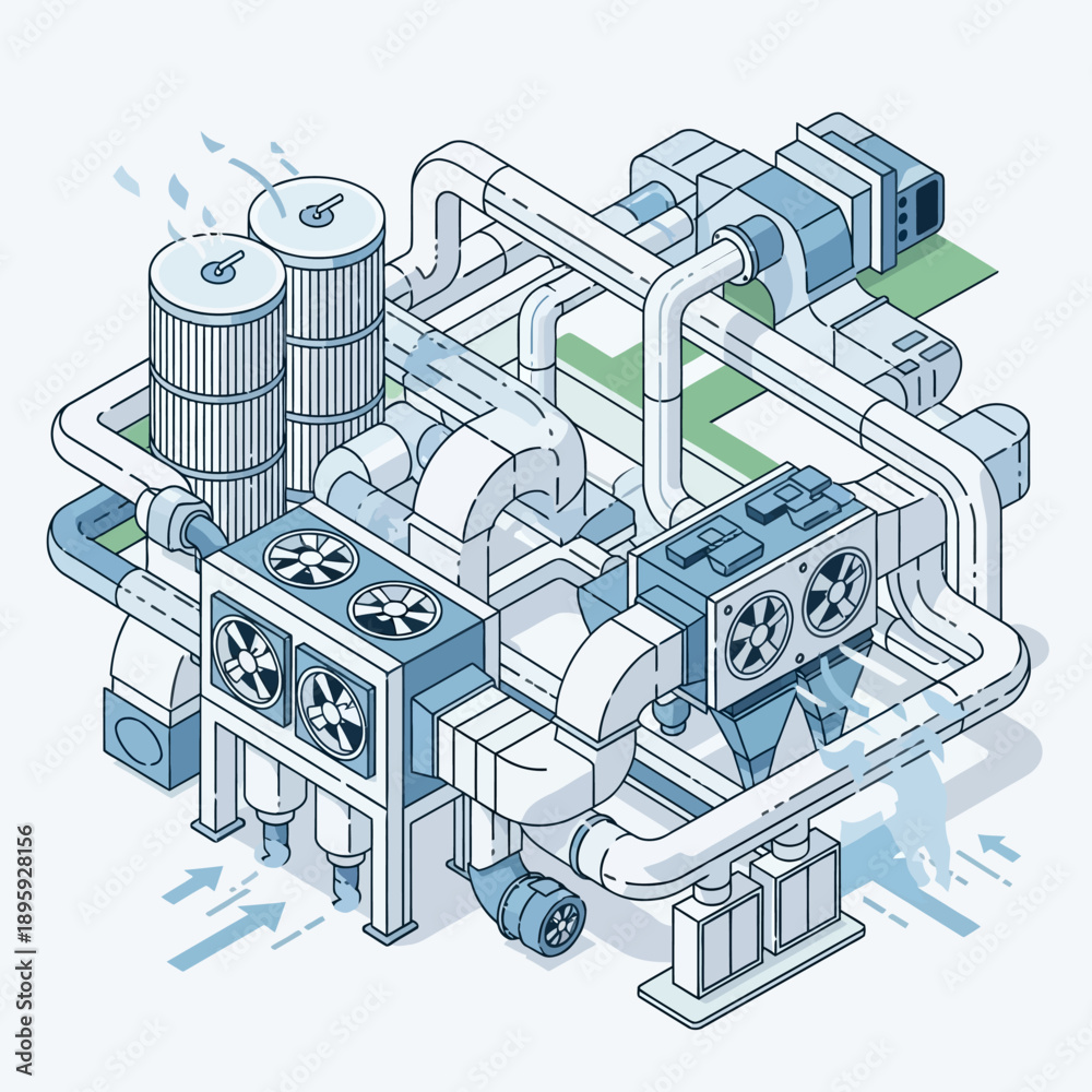 Naklejka premium Isometric illustration of a complex industrial ventilation and air conditioning system.