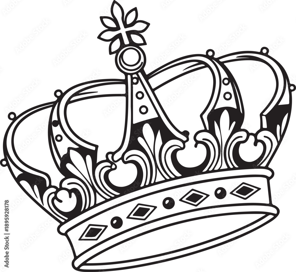 Fototapeta premium Ornate Royal Crown with Jewels and Decorative Elements, Detailed Black and White Illustration Symbolizing Power, Monarchy, and Prestige.