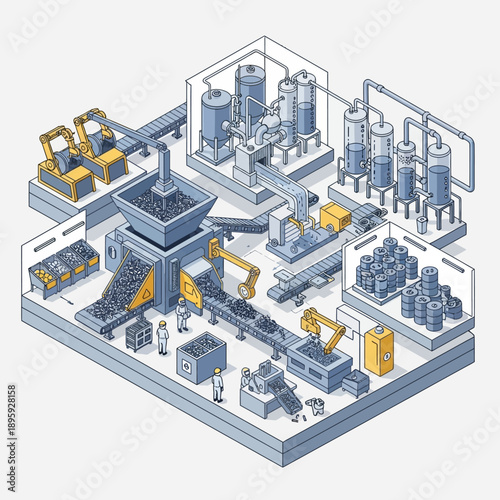 Isometric illustration of a complex industrial recycling plant with machinery and workers.